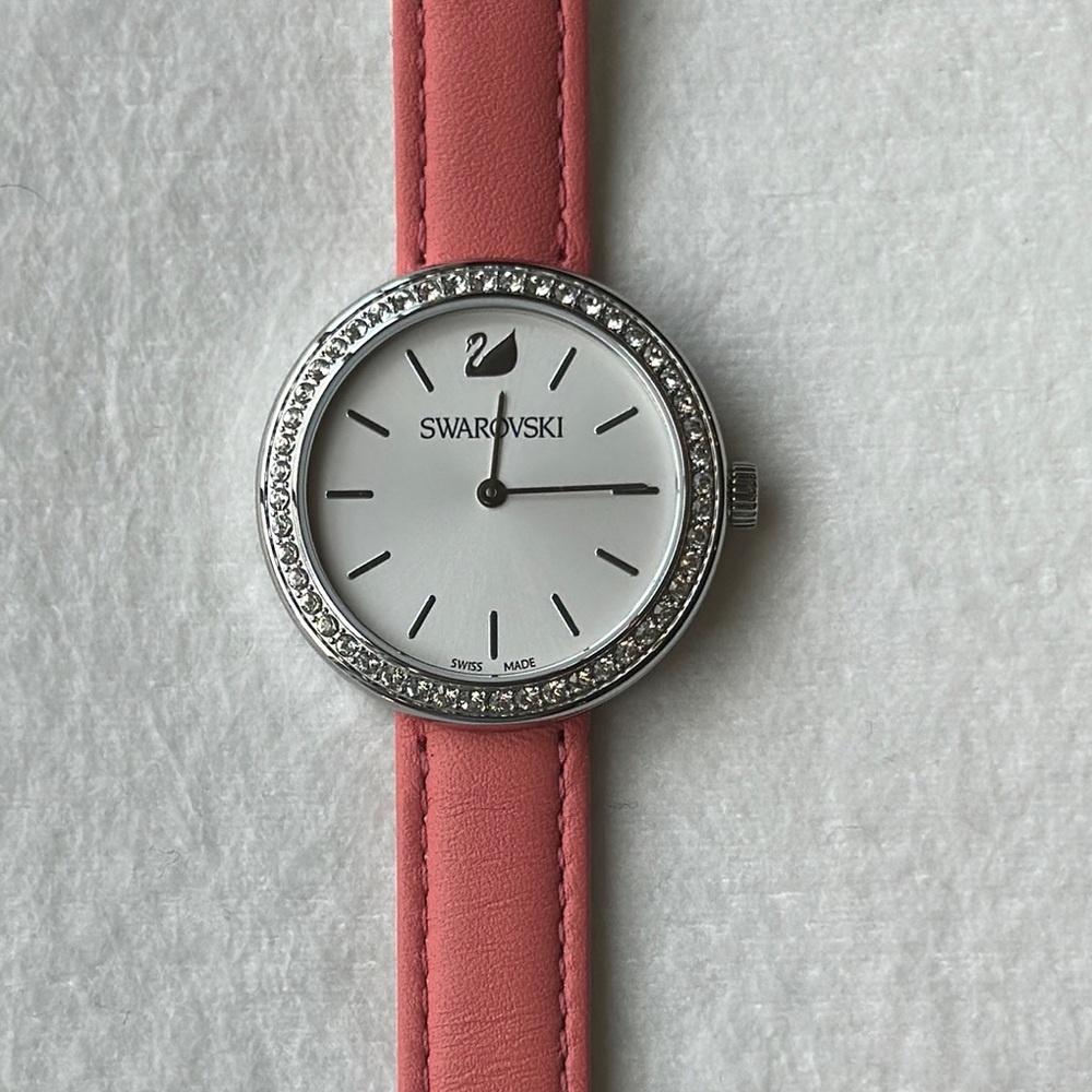 NWOT Swarovski Crystal Watch with genuine leather adjustable coral pink strap